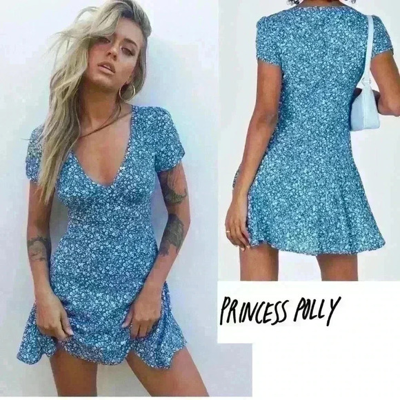 Princess Polly The Sting Mini Dress Ruffle Hem Short Floral V-neck Blue Size 0 - Picture 1 of 12